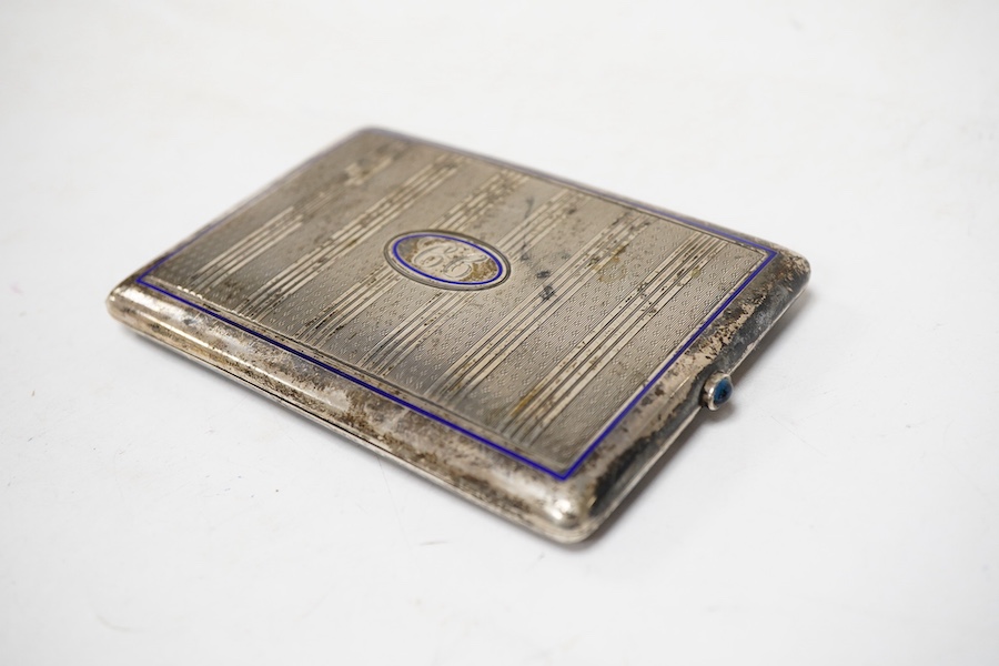 A 900 standard white metal and blue enamel rectangular cigarette case, with engraved initials, 10.5cm.